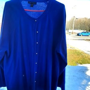 Blue soft acrylic lightweight sweater, white pearl buttons